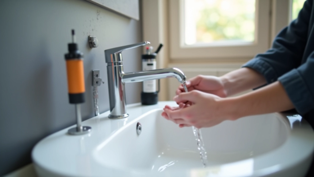 Modern bathroom with contemporary faucet showing water pressure testing equipment and diagnostic tools