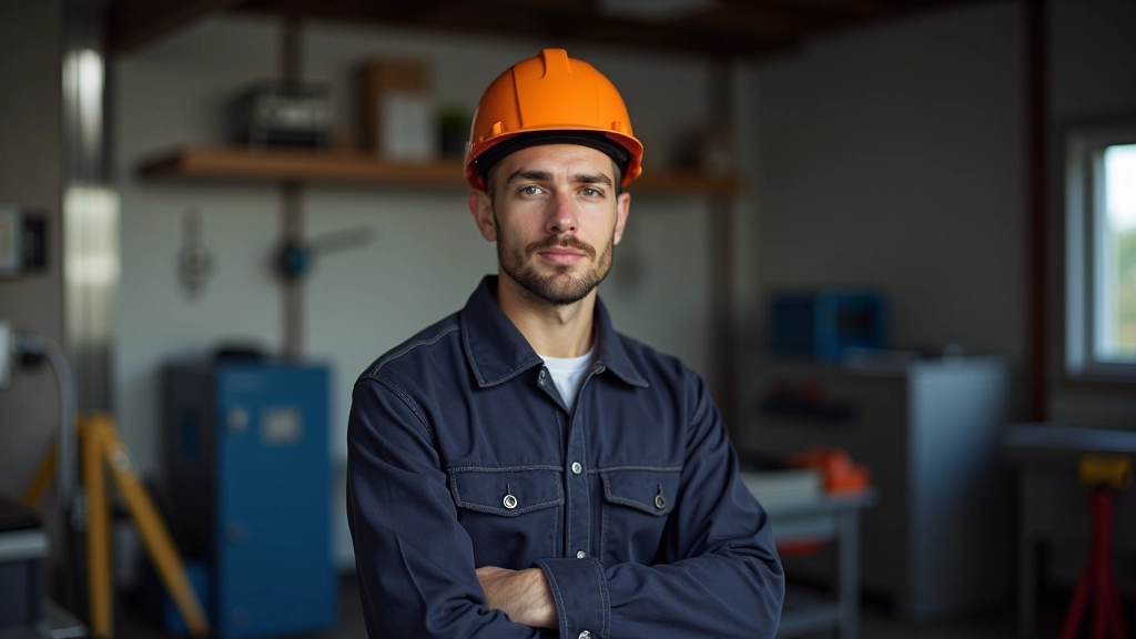 Professional electrician in uniform with tools performing electrical panel inspection and maintenance work safely