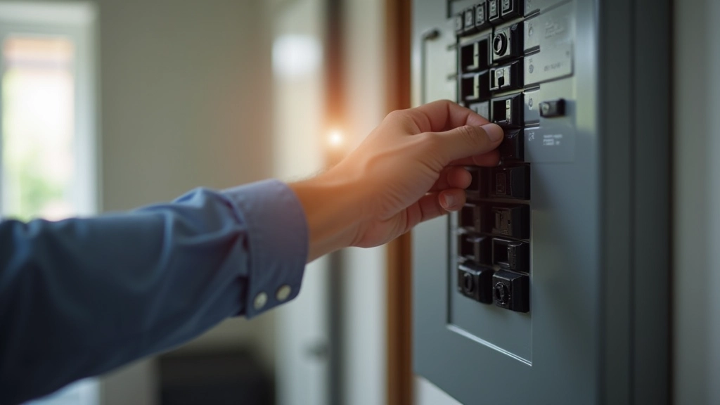 Person's hand flipping circuit breaker switch back to on position in home electrical panel, proper technique demonstration