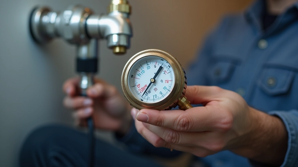 Plumber using water pressure gauge meter attached to residential water supply line connection point