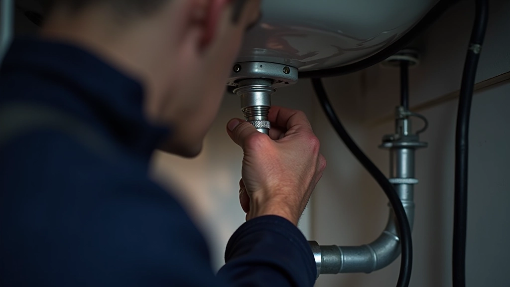 Close-up of pipes under kitchen sink with inspection light, checking for leaks and moisture in residential plumbing